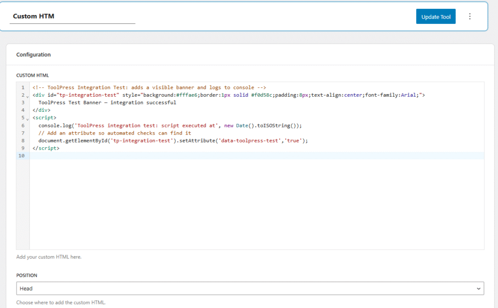 Custom HTML 5 click on update the tool.