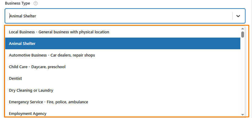 select the Business Type from dropdown