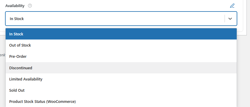 Product Schema Template 12 set the availability from the dropdown list