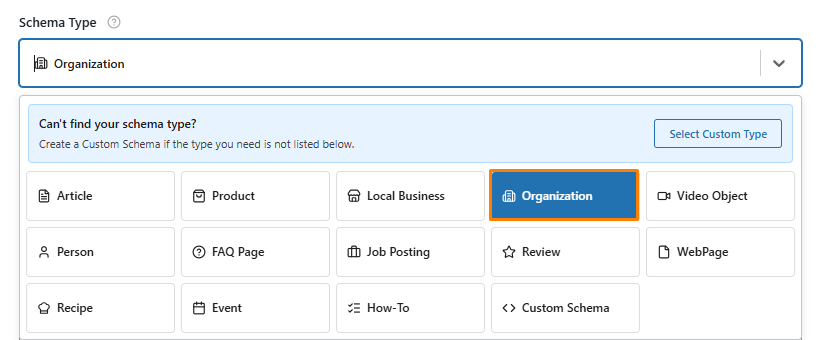 Organization Schema Template 3 Select the Schema Type from schema field