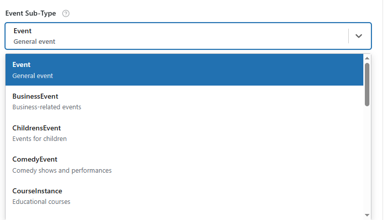 Choose your Event type from the dropdown menu