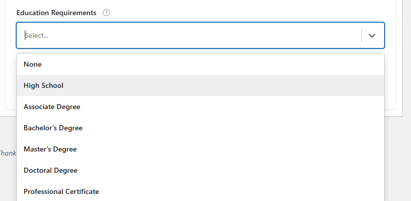 Select Education Requirements from dropdown
