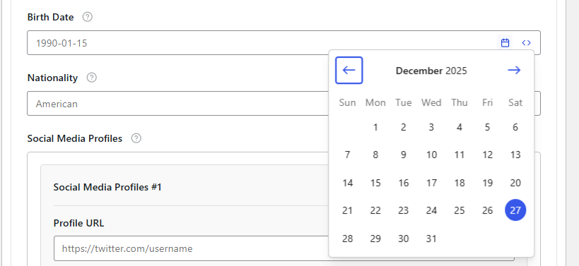 Person Schema Template 13 add Birth Date via calender