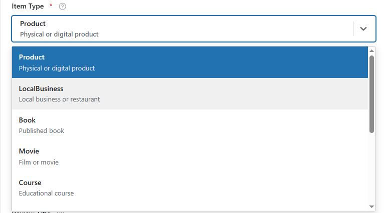 Review Schema Template 4 add Item Type from dropdown