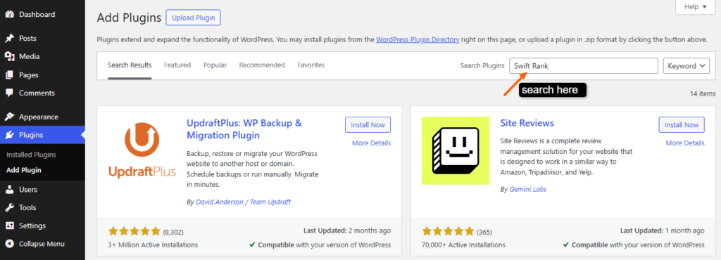 use the search plugin bar to look for Swift Rank.