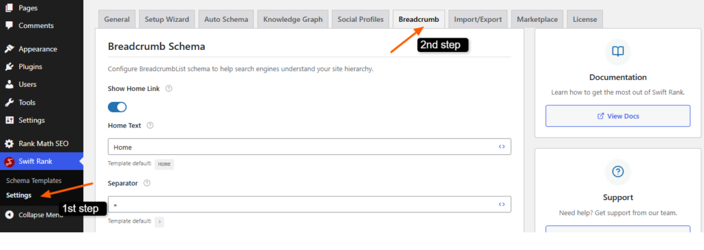 Breadcrumb Tab of the Swift Rank Schema plugin 