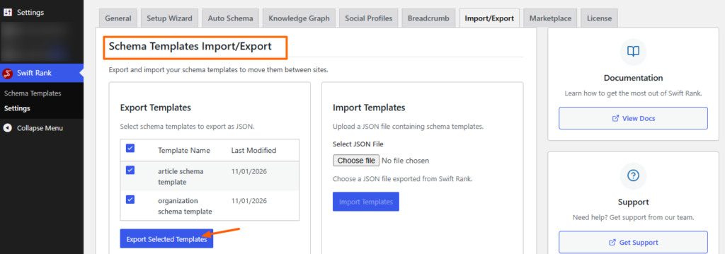 Import / Export 2 Export Schema Templates