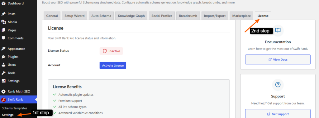 Open Swift Rank License Settings