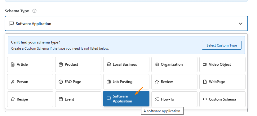 Select the Software Application Schema Schema Type